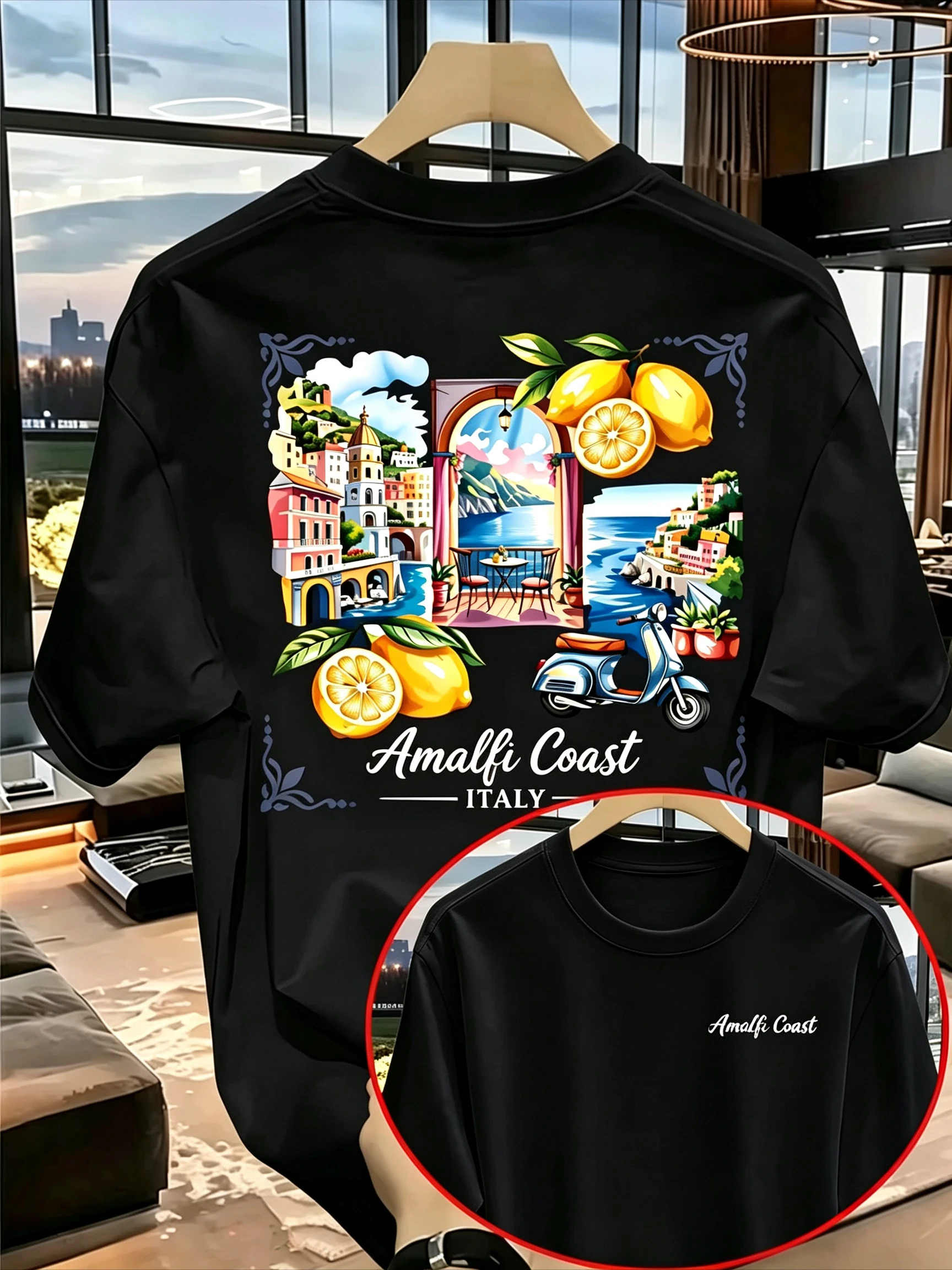 2026 Amalfi Coast Italy Lemon Graphic T Shirt, Vintage Coastal Landscape Back Print Tops for Kids Adults Multi Colors