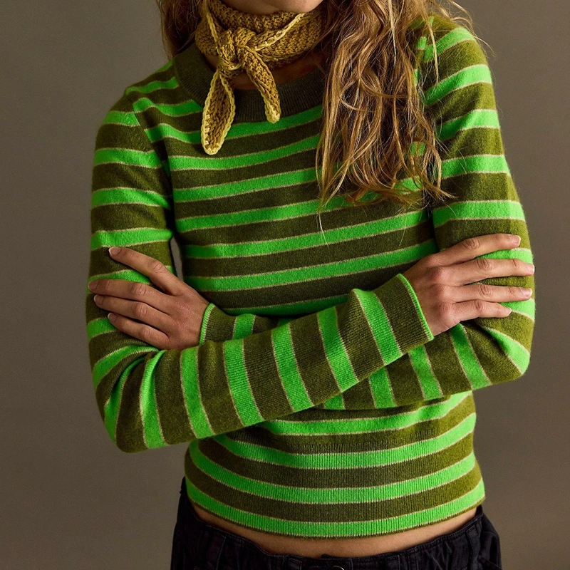 

Women Y2k Vintage Slim Fit Knitted Sweaters Long Sleeve Ribbed Round Neck Striped Preppy Knitwear Pullover Jumper Top