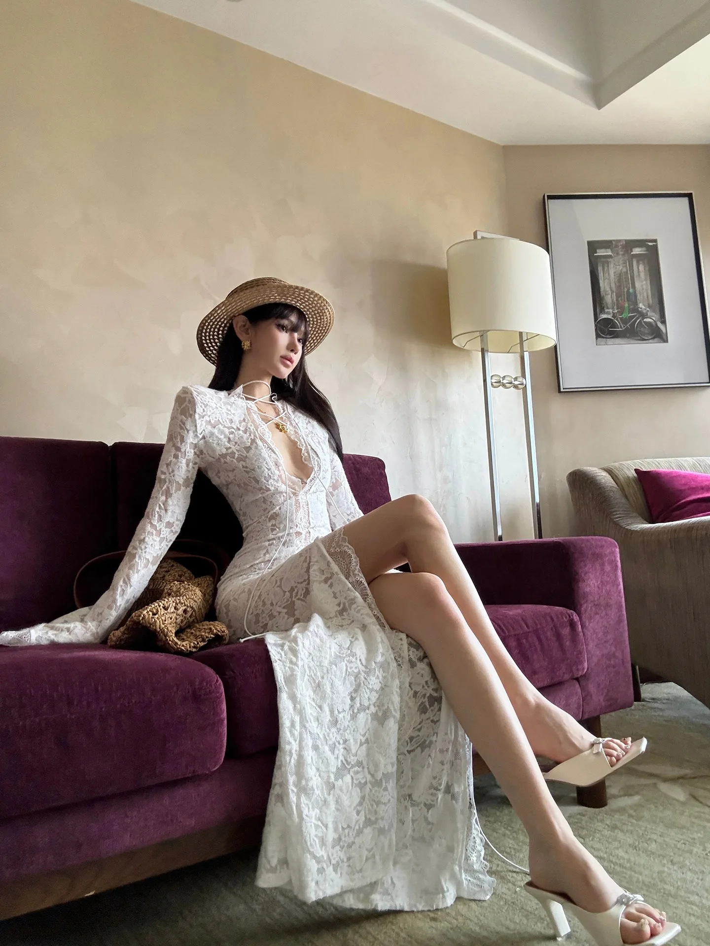 

XZY Sexy Deep V Lace Dr Women's plus Size Casual High Waist Long Sve Autumn Sister Split Bodycon Skirt Polyester Fiber