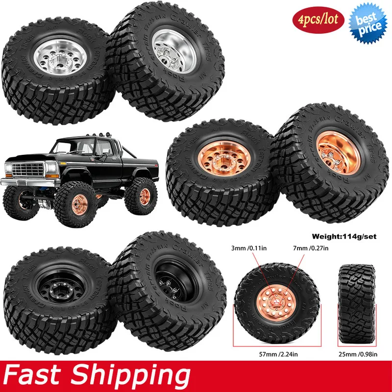 4pcs 1.0'' 57*25mm Aluminium RC Cralwer Beadlock Wheel and Tires for 1/18 Traxxas TRX4M 1/24 Axial SCX24 AX24 FCX24