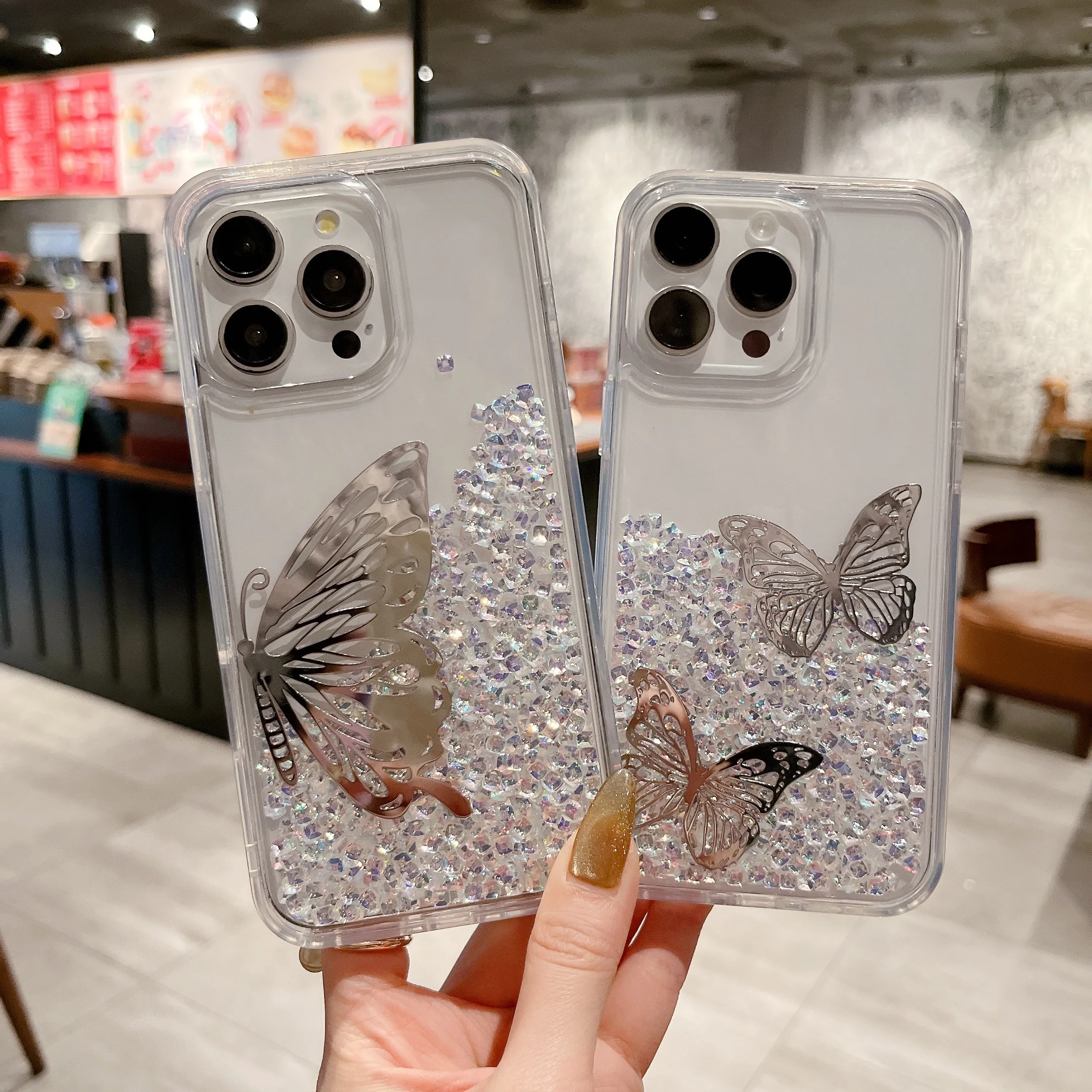 Plating Butterfly Clear Glitter Liquid Sand Quicksand Case for iPhone 16 Pro Max 15 14 13 12, Slim Bling Shiny Phone Cover Funda