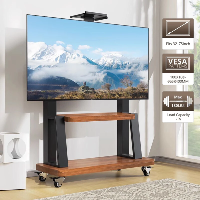 

Мобильная тележка для экранов 32–75 дюймов, передвижная напольная подставка для телевизора на колесиках с фиксирующим колесом полки, сверхмощная регулируемая по высоте