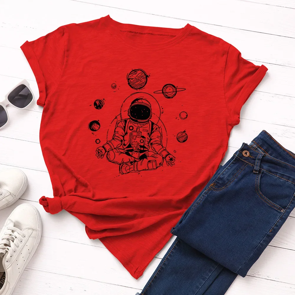 JFUNCY Summer Women T-shirt Creative Space Astronaut Print Short Sleeve Tops 100% Cotton Woman Tshirt  Loose Female Tees