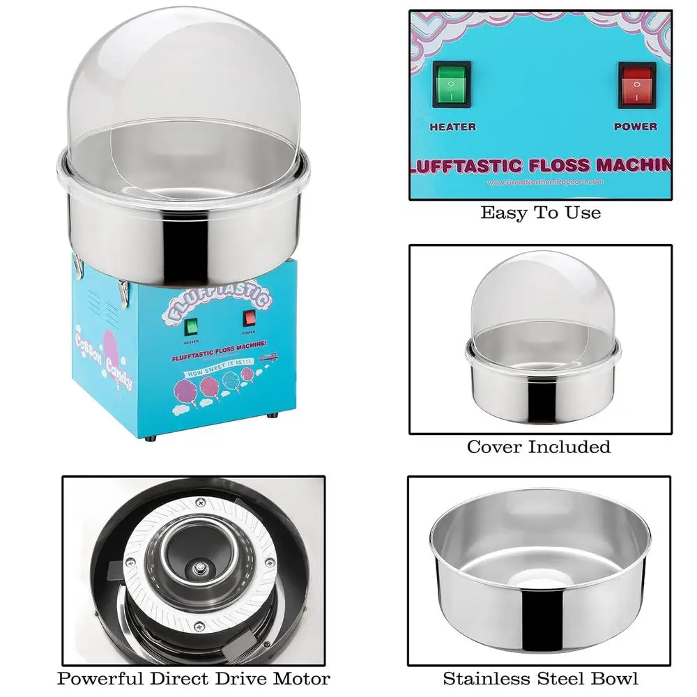 Cotton Candy Machine 1000W Flufftastic Floss Maker Stainless Steel Bowl Dome Clear Cover Parties Events