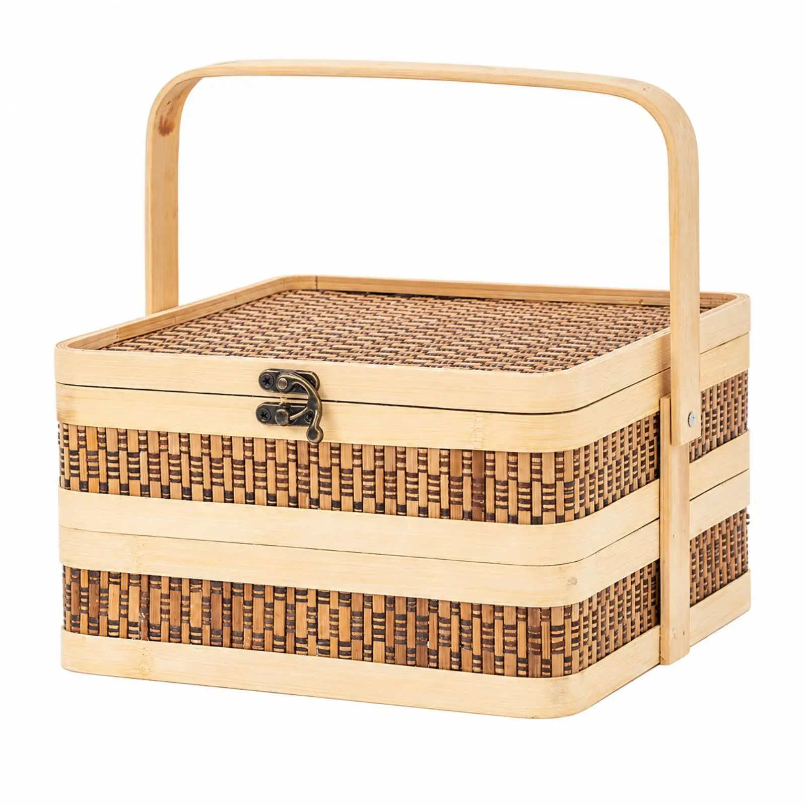 Stackable Bamboo Food Box with Carry Handle Two Layer Gift Box for Mooncakes Snacks Storage