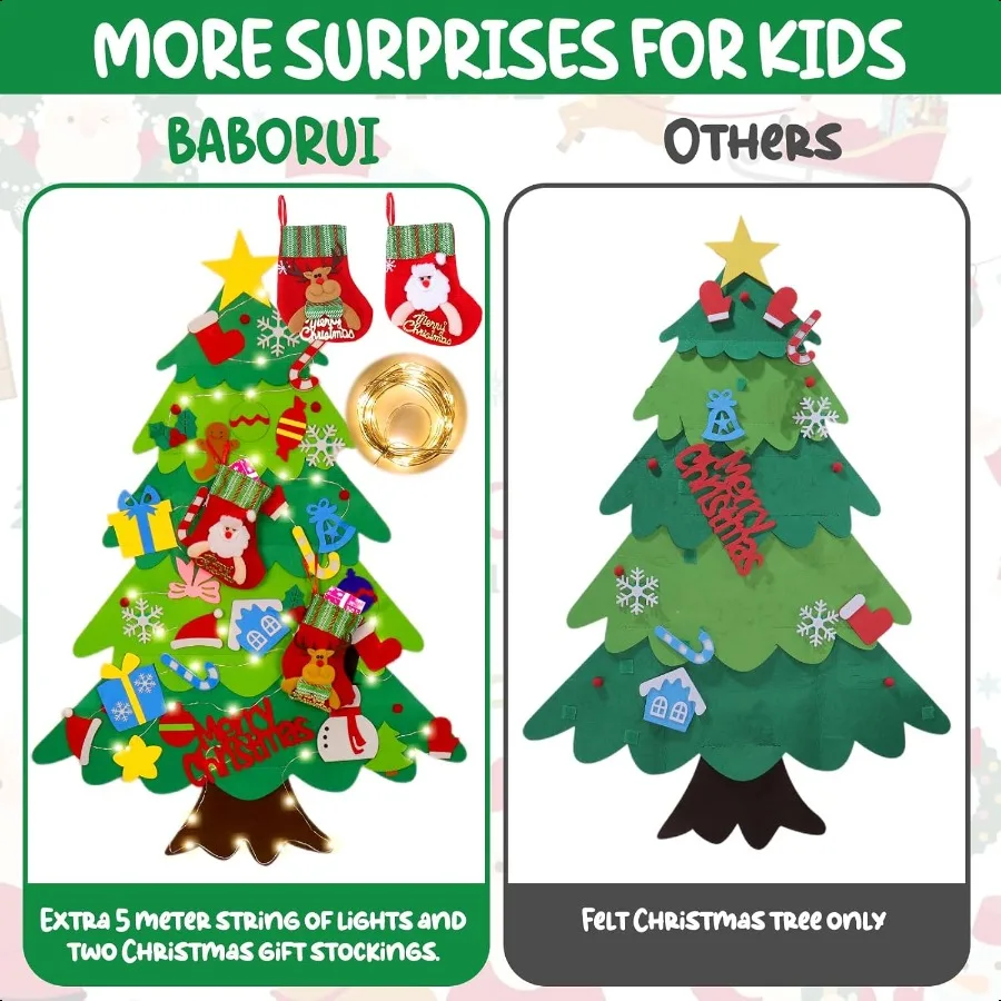 Arbre de noël en feutre pour tout-petits, avec bas de noël, kit de décorations d'ornements muraux suspendus avec guirlandes lumineuses pour