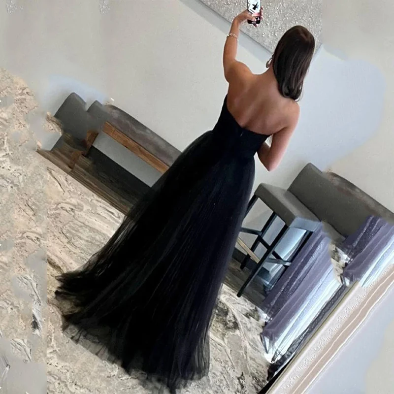 Querida Plissado Vestidos de Noite Mulheres Backless Tulle Festa Formal Custom Made Elegant Dance Gala Prom Vestido Preto Vestido De