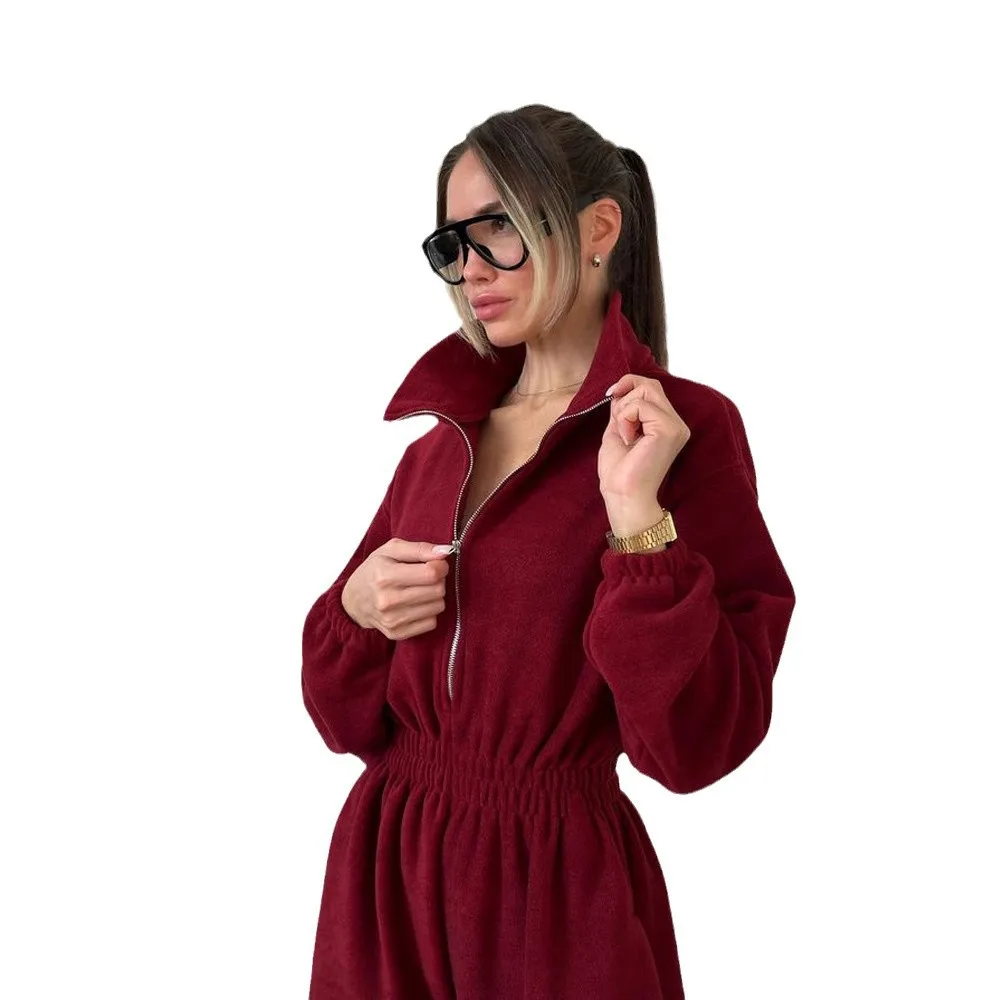 Autumn and Winter Women's New Fashion Long-sleeved Jumpsuit Ladies Casual Half-open Elastic Waist Jumpsuit