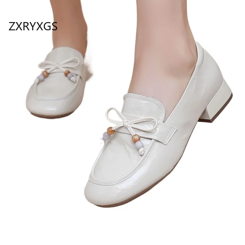 ZXRYXGS Sepatu Hak Rendah Wanita Kulit Sapi Asli Model Pita 2025 Musim Gugur Sepatu Modis dan Trendi Sepatu Kerja Kantor Sepatu Pesta