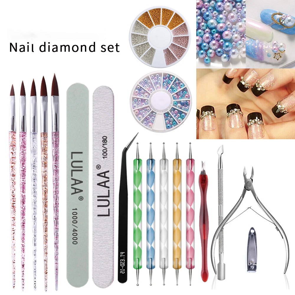 11 Stuks Manicure Set Paarse Borstels Nail Art Steentjes Wax Puntje Pen Gereedschap Stickers Tip Gids Nagelvijl Hout Stick Kit