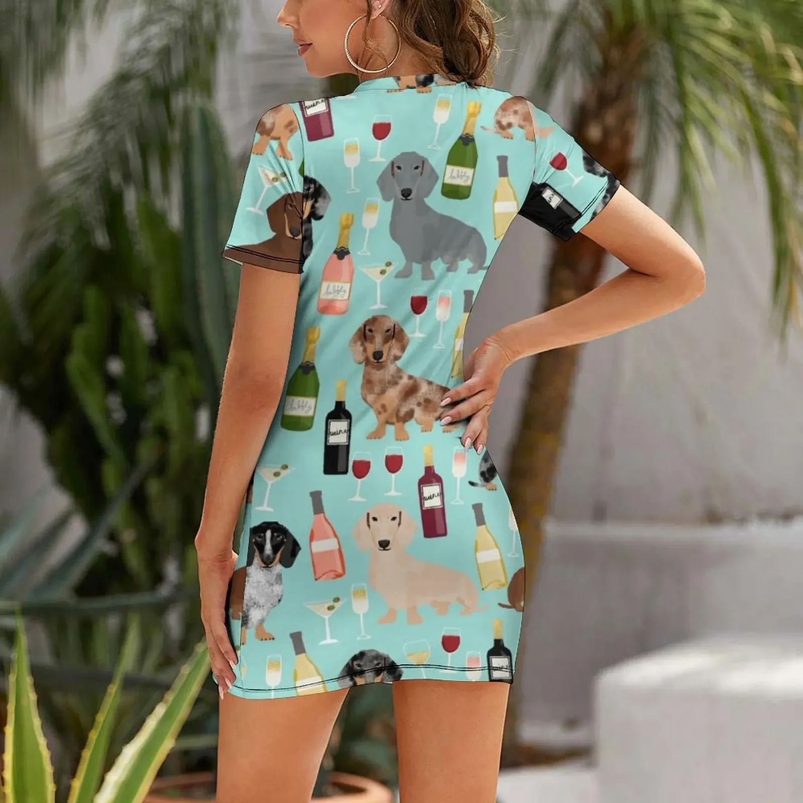 Dachshund wine cocktails rose doxie dachsie dog breed pattern Short Sleeved Dress women dress