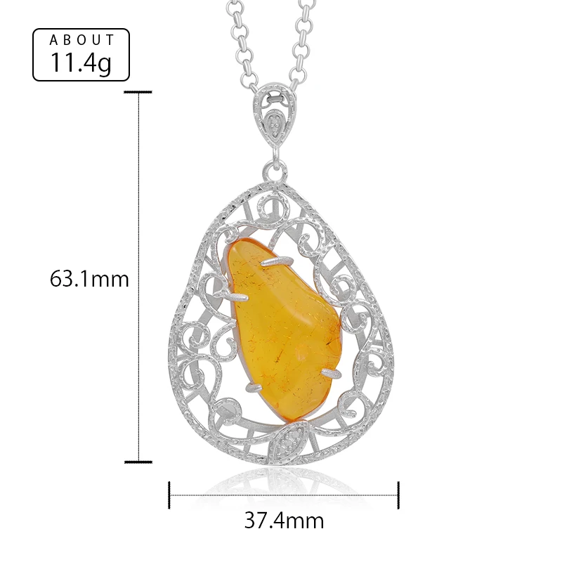 XYOP Natural Insect Amber 925 Sterling Silver Pendant lrregular Shape Ambers Pendant Original Stone Charms Necklace Lucky Gifts