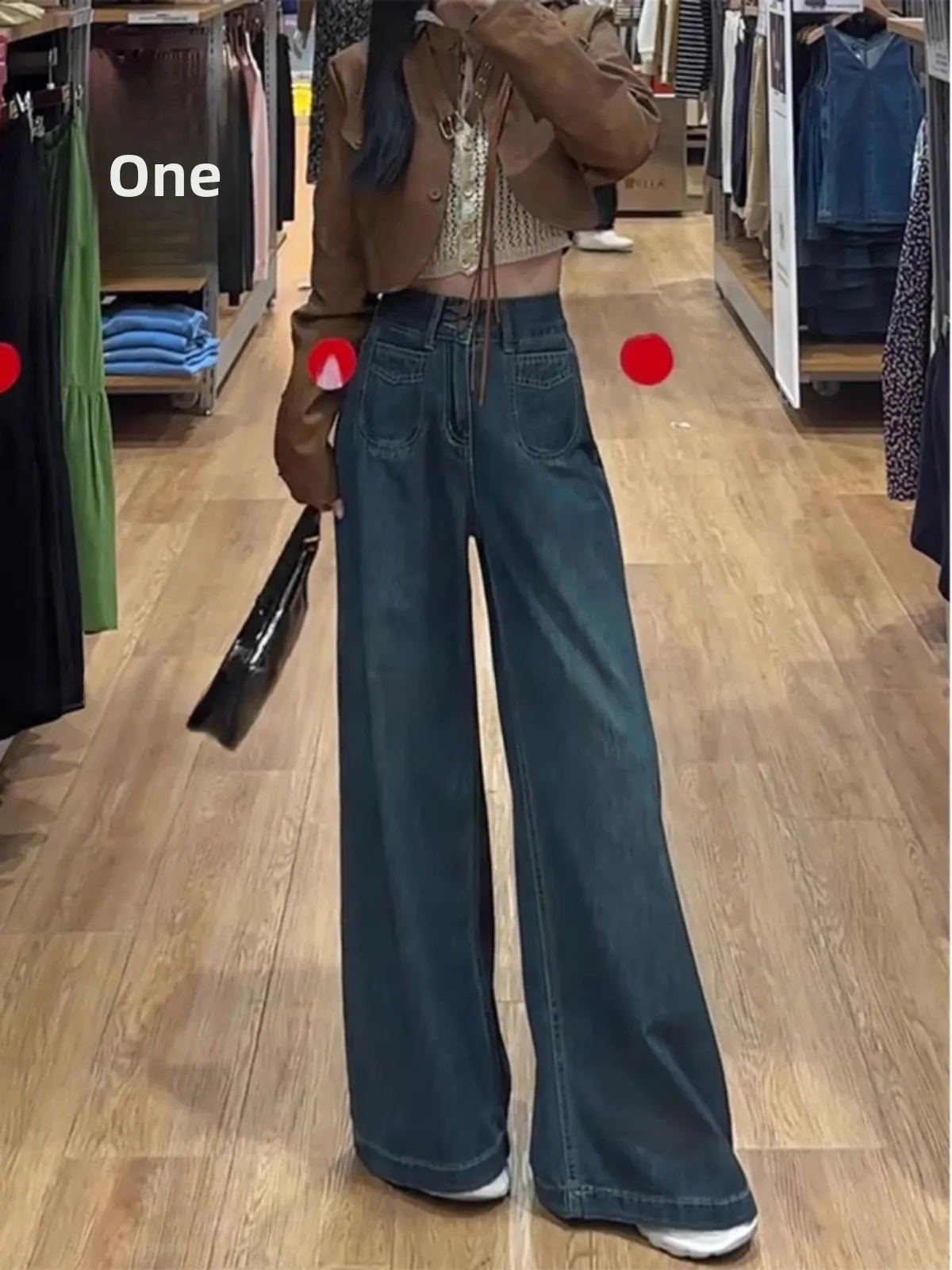 ディープブルー フェイスライン デニムジーンズ レディース 秋冬 プラスサイズ ルーズ スリム ラジースタイル ワイドレッグパンツ ハイウエスト ロング丈...