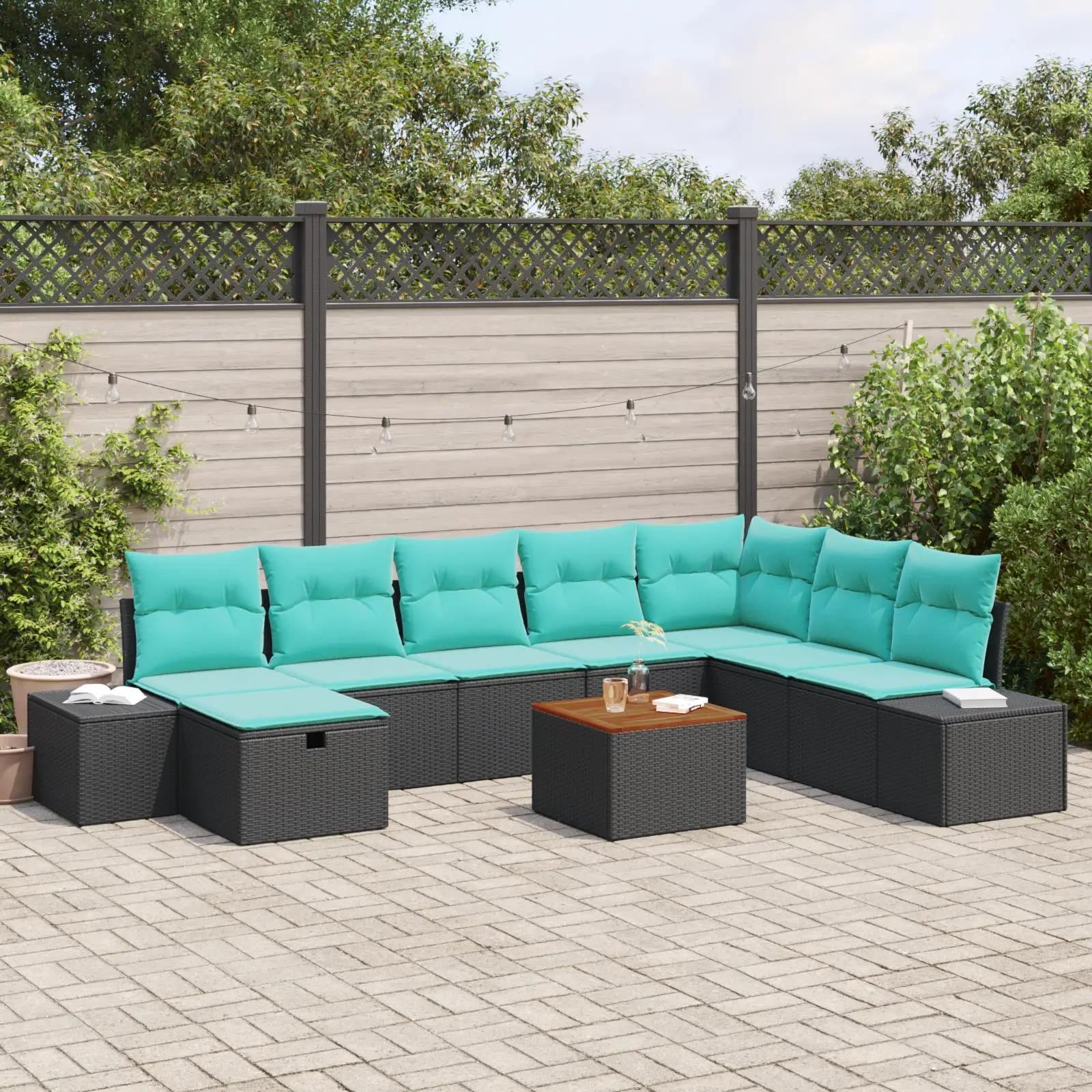 

9 Piece Outdoor Garden Sofa Set Black Poly Rattan Cushioned Seating for Patio Backyard Furniture