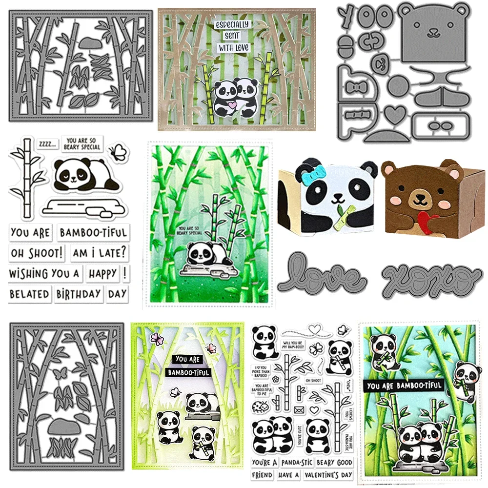 Panda Bamboo Stamp or Die Set, Bear Box Funny Pun Sentiment Dies for Handmade Valentine Birthday Cards