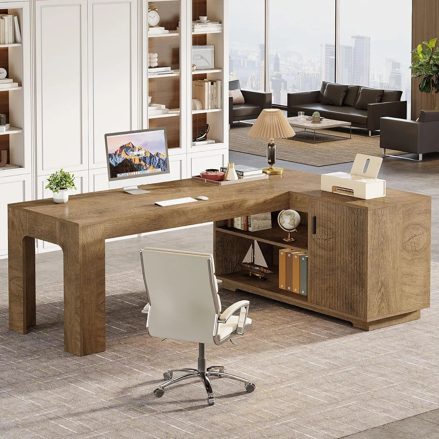L-Shaped Desk with Cabinet, 59-Inch Farmhouse Corner Computer Desk with Open Shelves for Home Office Gaming, Brown, Customized