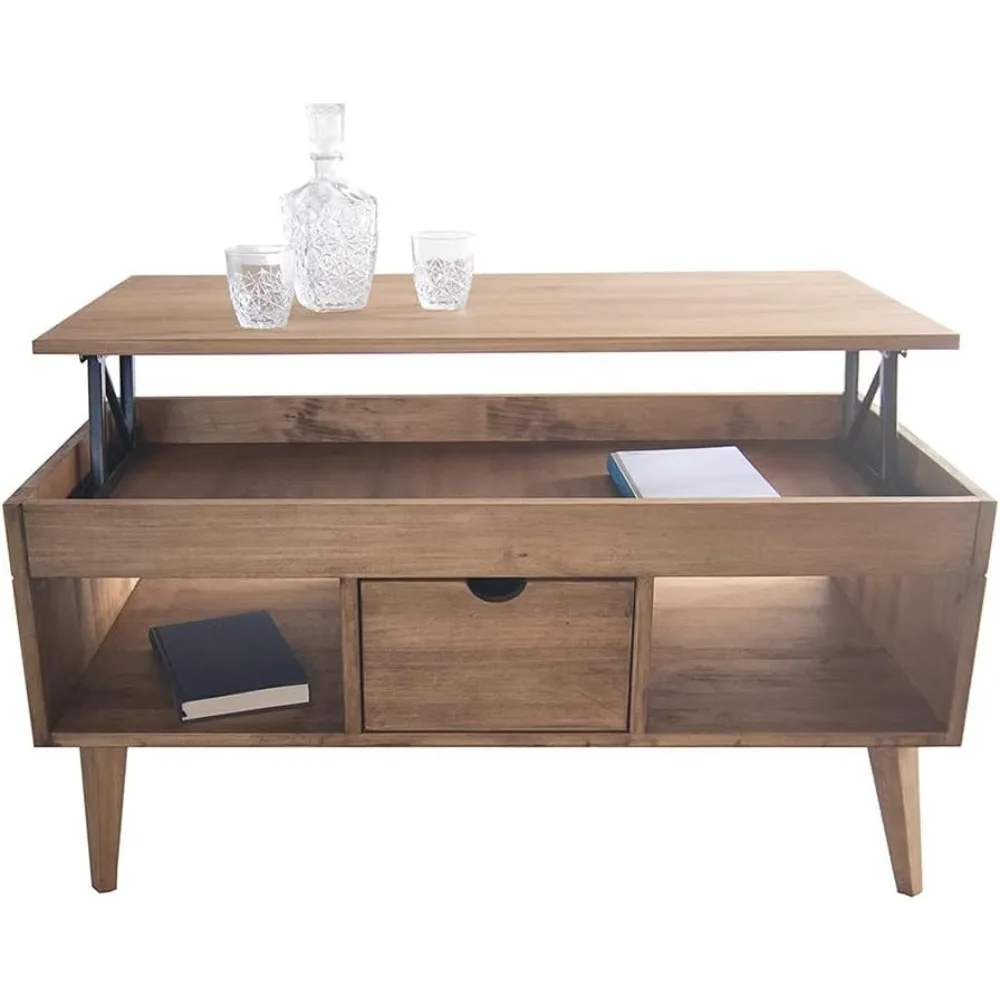 طاولة قهوة لرفع نموذج كارلا مع درج منزلق مركزي، خشب الصنوبر الصلب الطبيعي في الخشب المشمع، أرجل مدببة #5