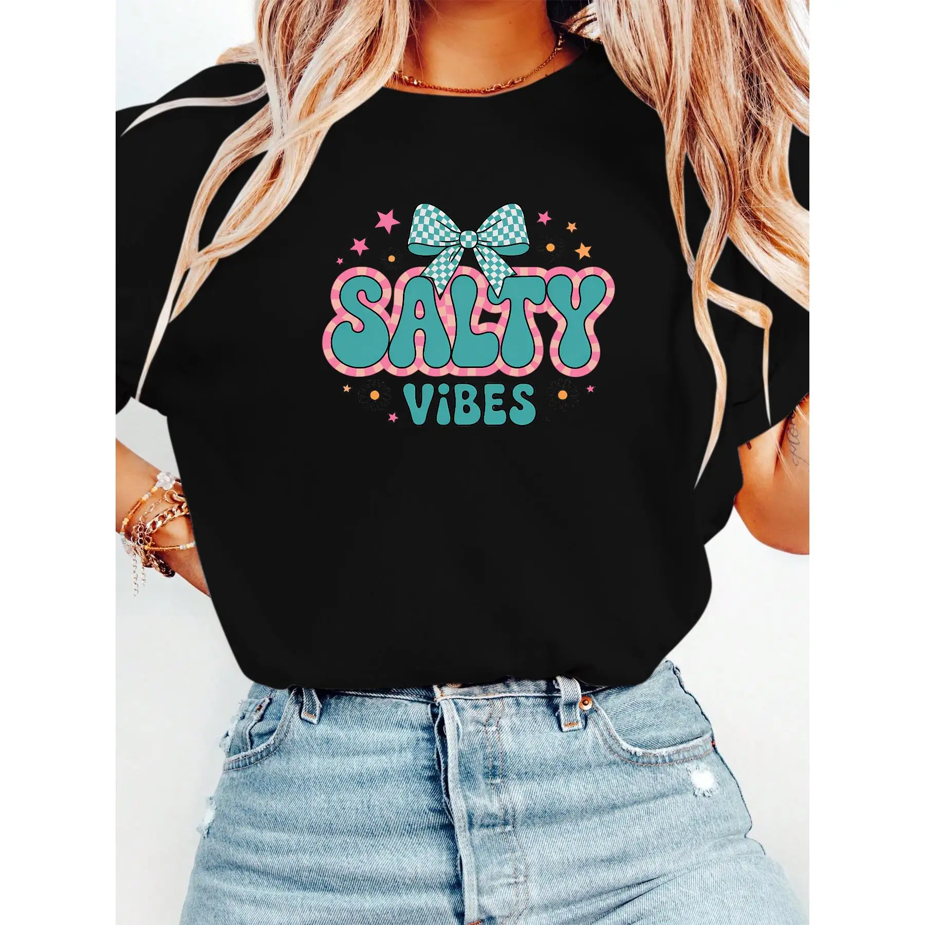 

Salty Vibes Graphic T-Shirt | Fun and Colorful 'Salty' Text with Bow Design | Perfect for Casual Wear & Trendy Outfits