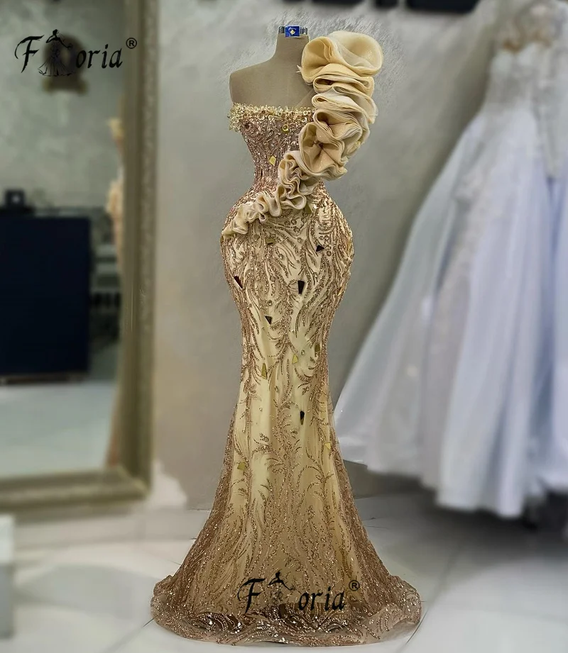 ผู้หญิงตุรกีแชมเปญ Mermaid Evening Dresses Ruffled ไหล่คริสตัลลูกปัดงานแต่งงานพิเศษพิธีชุดพรหมชุด