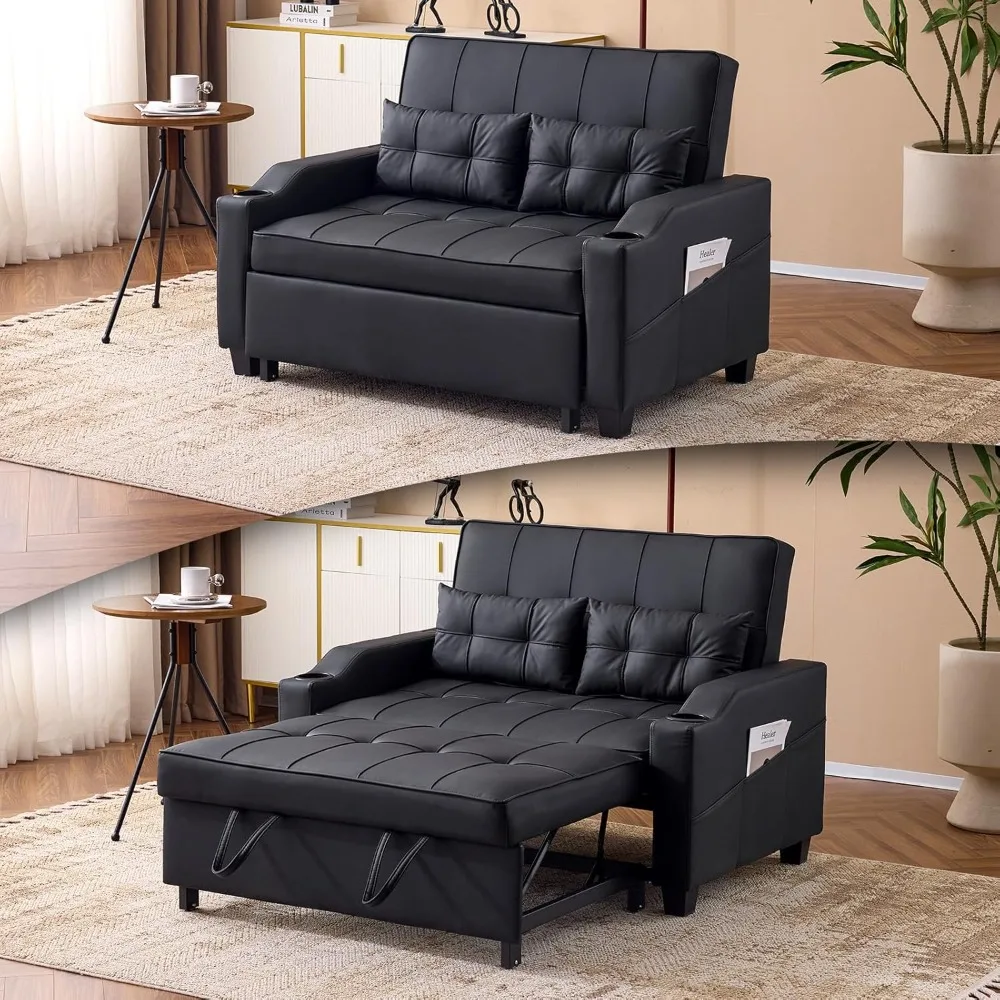 

Black Faux Leather Convertible Sofa Bed, Futon Loveseat with Pullout Couch, USB Ports and Cup Holders for Living Room