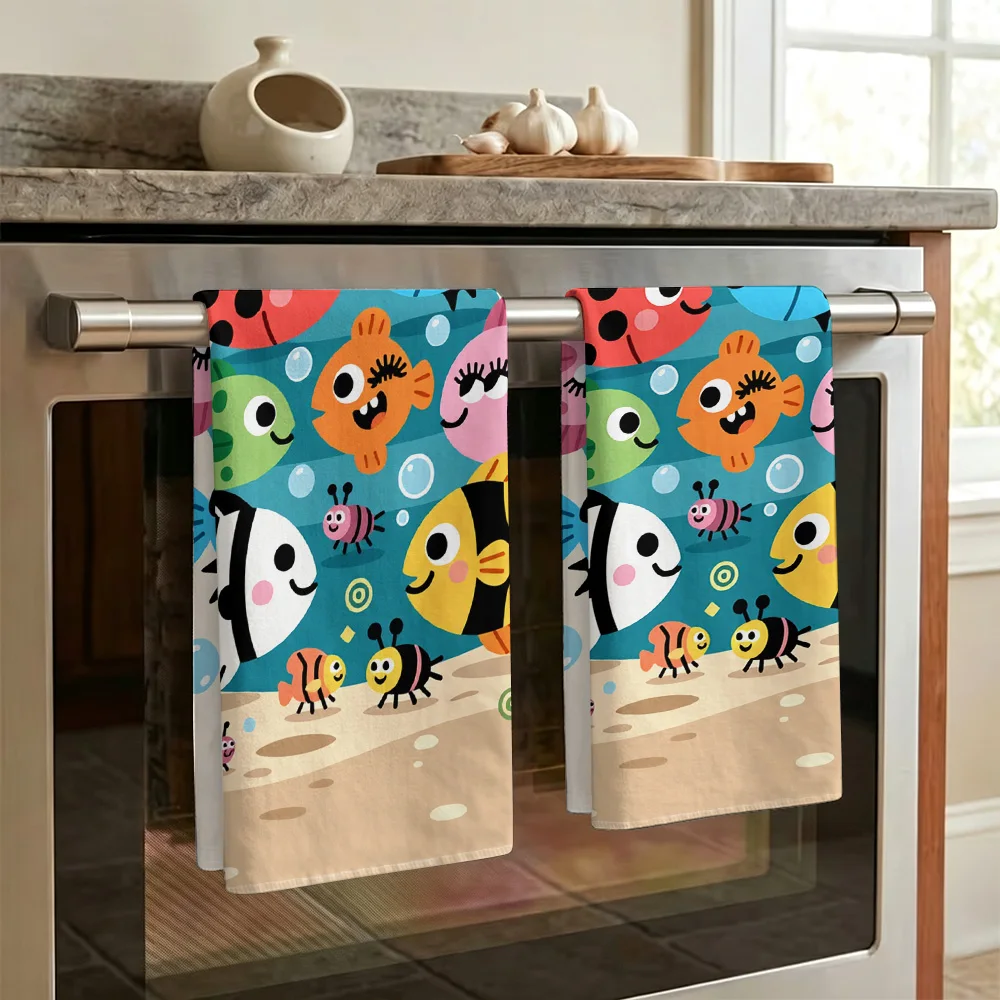 1pc/2pcs Cartoon Colorful Fish Print Kitchen Towel-Super absorbent, reusable polyester dish cloths, perfect for home decor, cook
