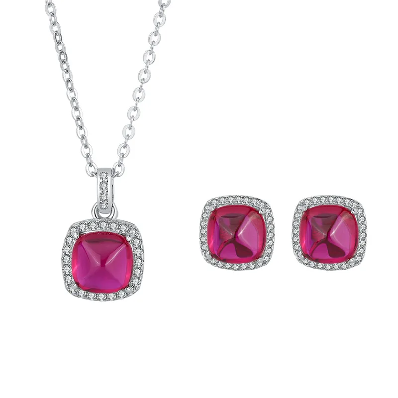 Jewelry S925 Sterling Silver Red Gemstone Sugar Tower Inlaid Diamond Pendant Earrings Main Stone 8*8