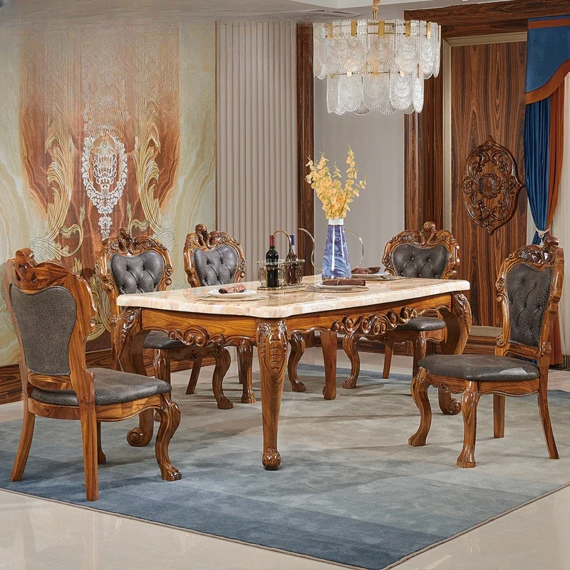 

Urumqi solid wood carved villa luxurious natural marble dining table