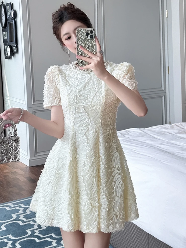 Women Clothes Evening White Lace Sequin Pearl O-Neck Slim A-Line Mini Short Dress Elegant Luxury Lady Fashion Party Prom Vestido