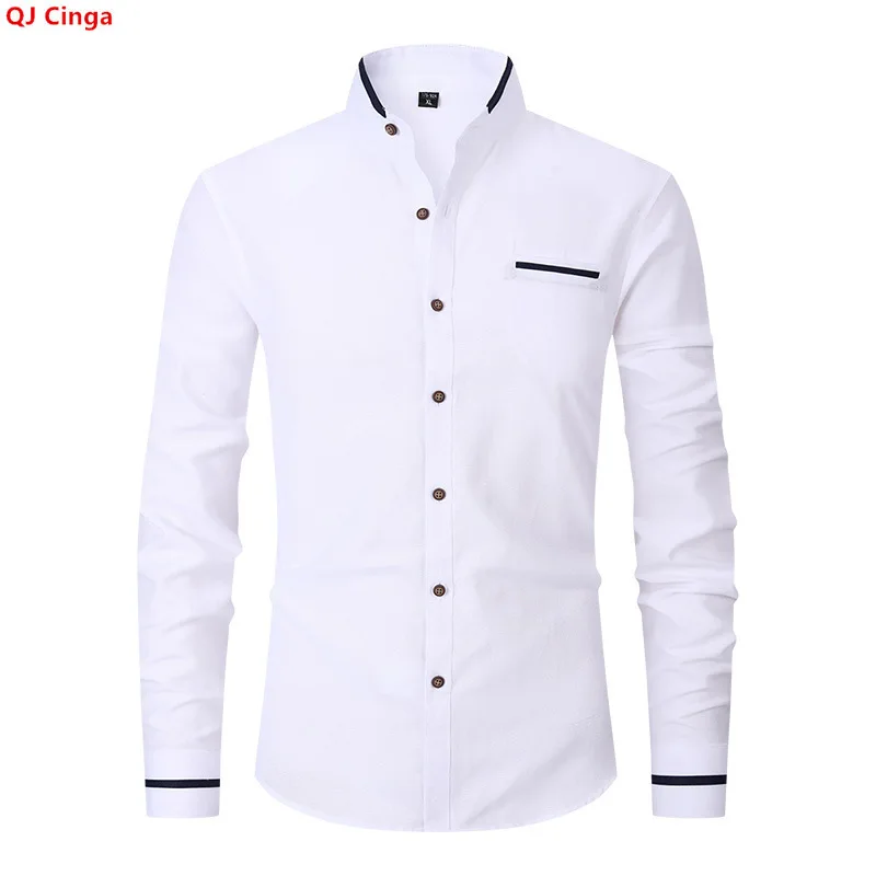 

Men's White Long-sleeve Shirts for Spring and Fall; Oxford Fabric Shirt with A Stand-up Collar, Available in Gray or Blue.