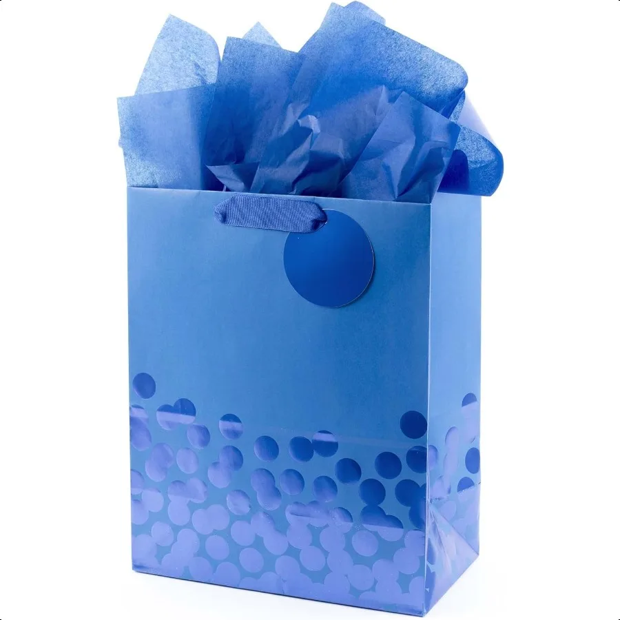 

13" Large Gift Bag with Tissue Paper Blue Foil Dots for Hanukkah Christmas Birthdays Fathers Day Graduations and Baby Showers