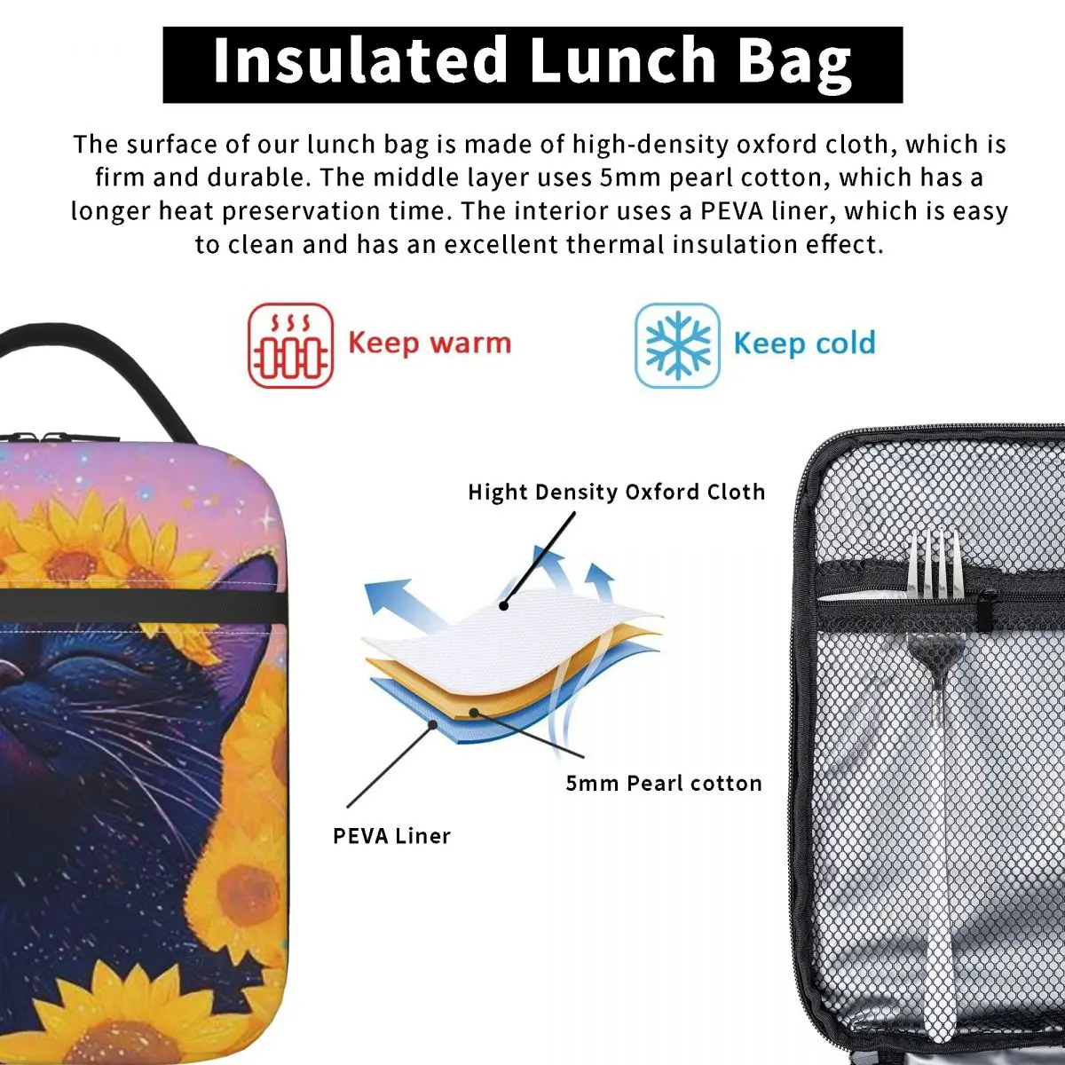 Sunflowers Surround Cat Pattern Insulated Lunch Bag for Women Kids Portable Food Boxes Thermal Lunch Box Tote