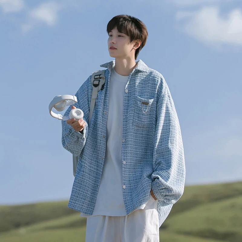 

Мужская свободная повседневная верхняя одежда в клетку в стиле преппи с длинными рукавами, весенне-осенний тренд, ретро-японская мода