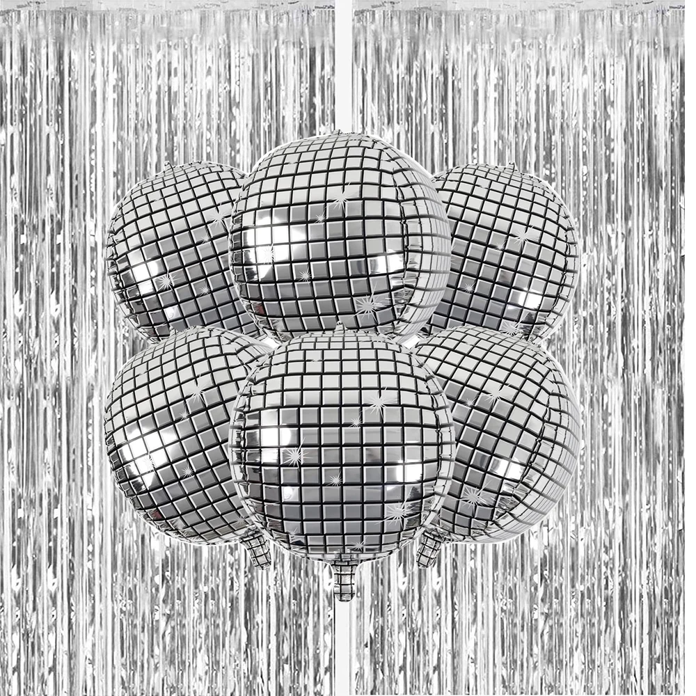 

6 Pack Big Disco Ball Balloons for 70s Disco Party Decorations 4D Large 22 Inch 2packFoil Fringe Curtains Photo Booth Props