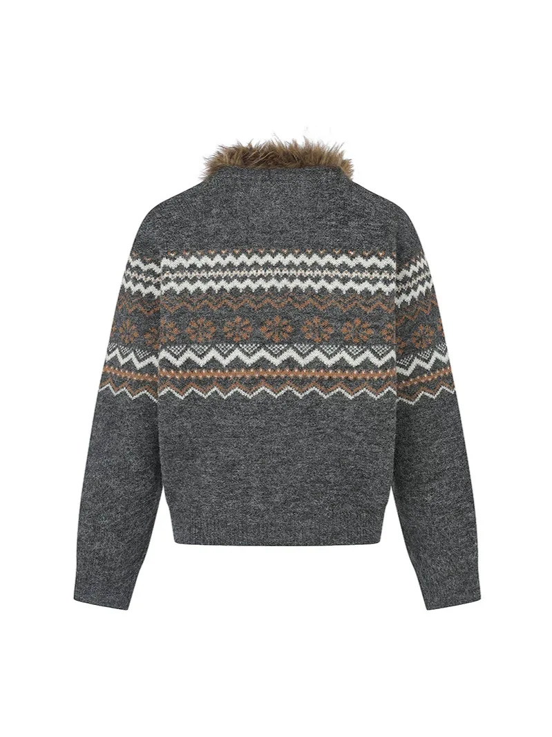 Men's Fashion Floral Knitted Sweater With Faux Fur Collar V Neck Autumn Winter Jumpers Knitwear For Male Tops Cardigan