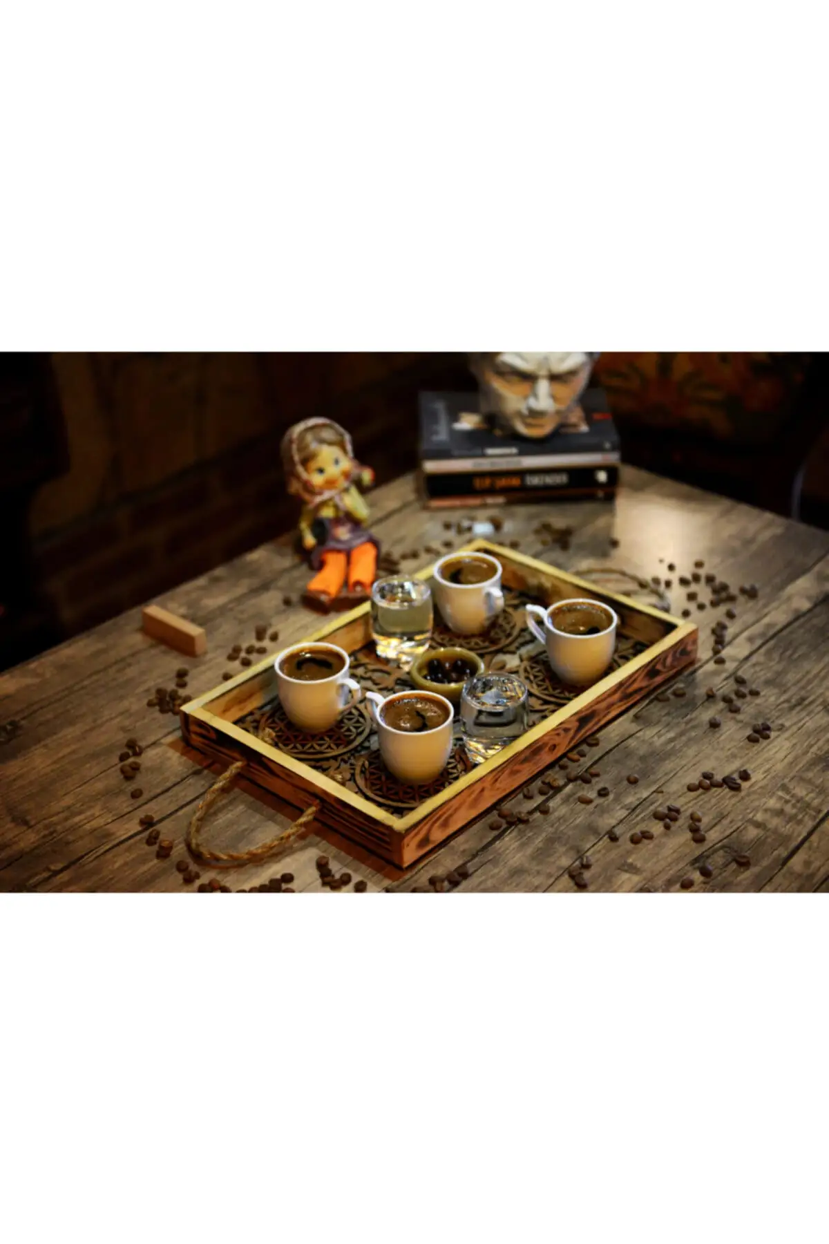 Plu decorative wood carving patterned Tea coffee and breakfast serving tray 36x24cm rope handle luxury 2022 tray Tea tray