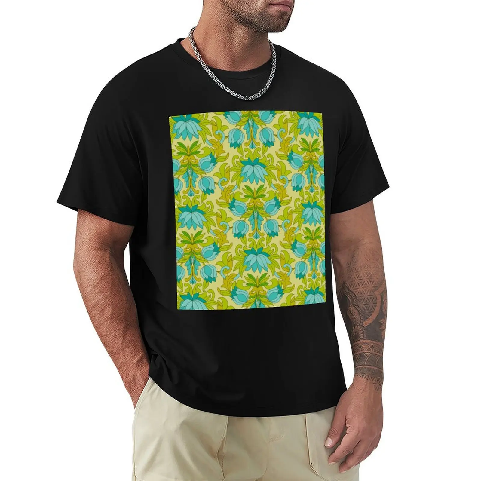Turquoise and Green Leaves 1960s Retro Vintage Pattern T-Shirt Work Wear Lightweight Tee