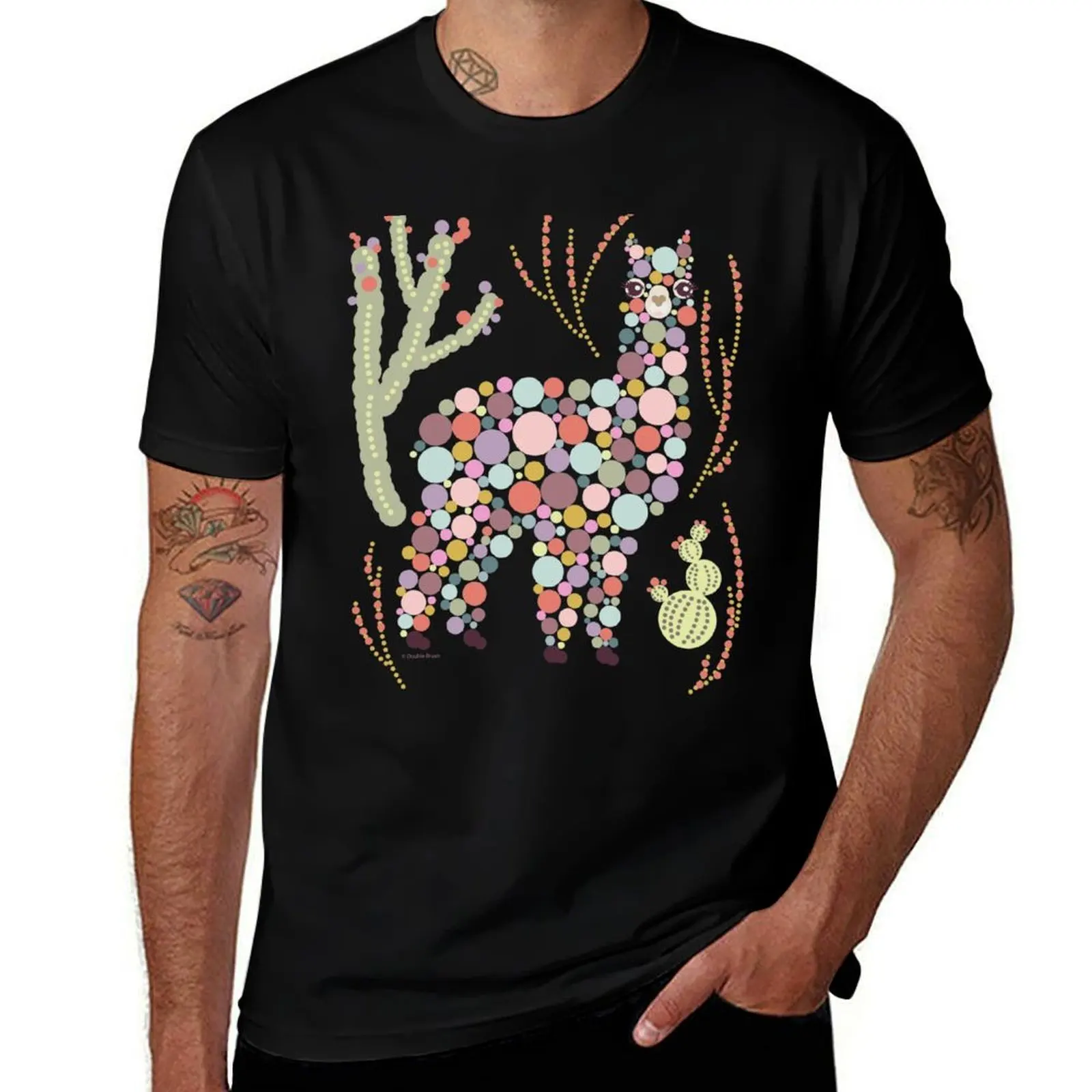 Cute Alpaca Pretty Colorful Dots Circles Bubbles Cactus Desert Graphic Design T-Shirt Basic Casual Wear Short Sleeve Top