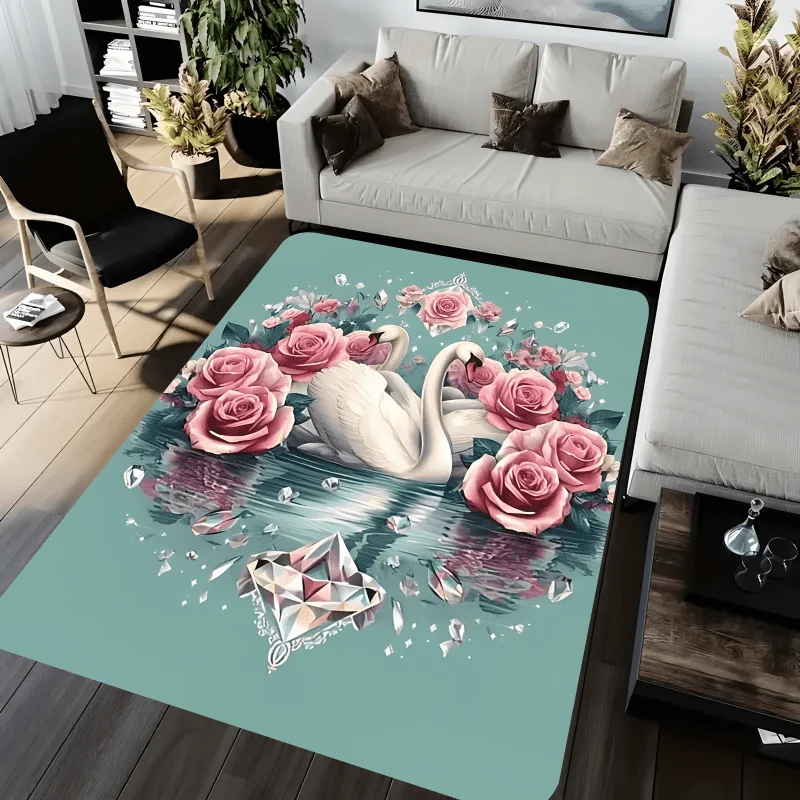 Swan and Pink Roses Flannel Rug Luxury Diamond Print Floor Mat Soft Non-slip Area Carpet for Living Room Bedroom Home Decor