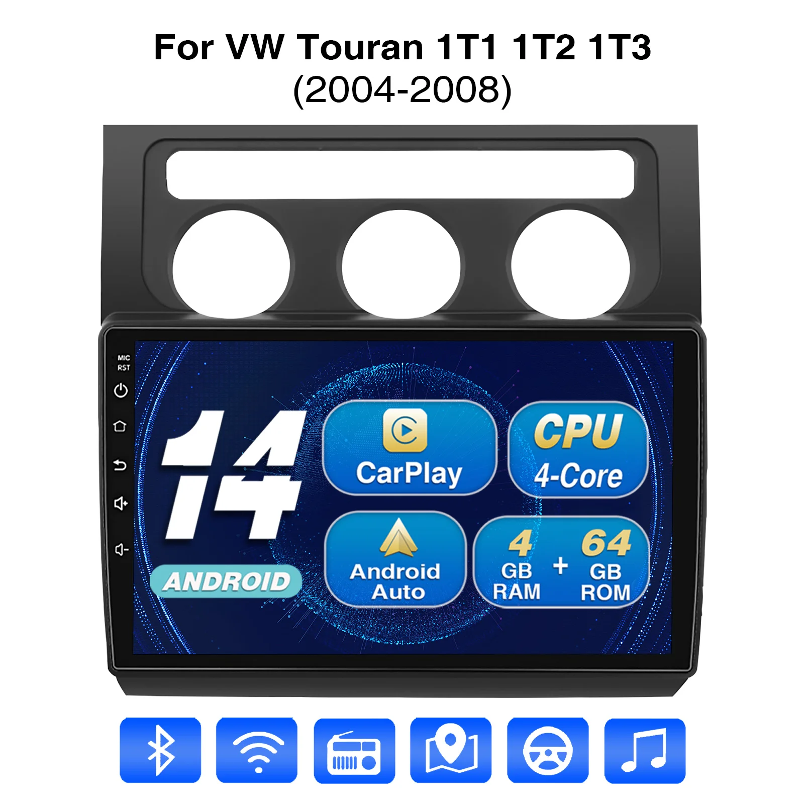 Autoradio ESSGOO 10.1 Android 14 2 DIN per VW Touran 1T1 1T2 1T3 2003-2010 con Carplay, Android Auto, GPS, NAV, WiFi, comandi al volante, Bluetooth, FM
