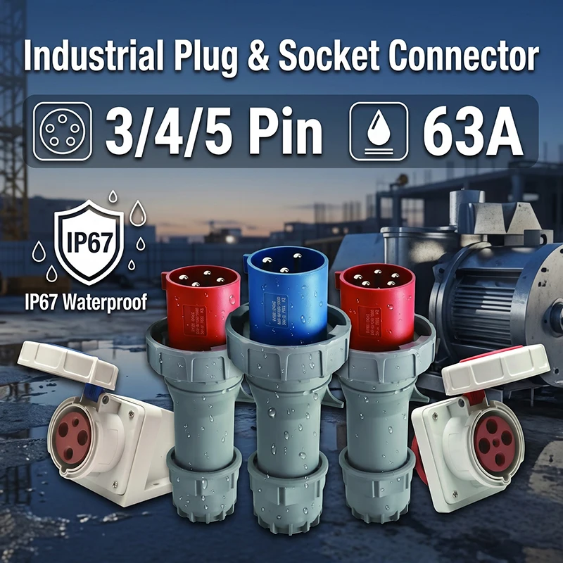 IP67 Rated 63A Industrial Power Outlet 3/4/5 Pin 415V CEE Male Female Pair, Movable Housing, Flush or Surface Mount for Outdoor