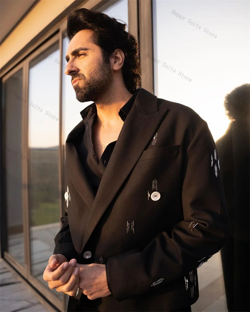 Completo da uomo marrone Set 2 pezzi Giacca in cotone + pantaloni Sposo Smoking da sposa Ufficio formale Doppio petto Giacca personalizzata da lavoro