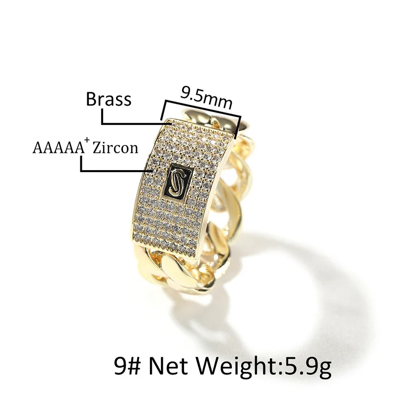 Hip Hop Rapper 5A+ CZ Stone Paved Bling Ice Out Cuban Chain Logo Finger Rings for Men Jewelry Gold Color Drop Shipping