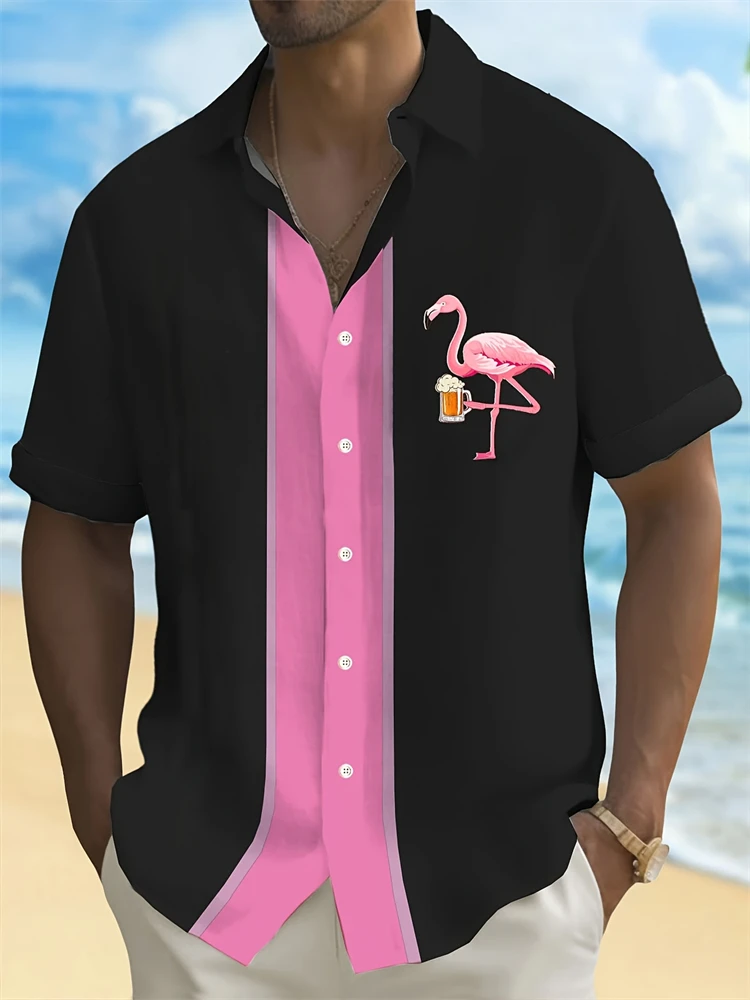 

Новая мужская рубашка на пуговицах с короткими рукавами и гавайским полосатым принтом фламинго для летней повседневной одежды и модной рубашки для отпуска