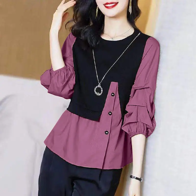 Fashion Folds Button Spliced Fake Twee Stukken Blouse Vrouwen Kleding 2022 Herfst Nieuwe Casual Tops Lantaarn Mouwen Koreaanse Shirt