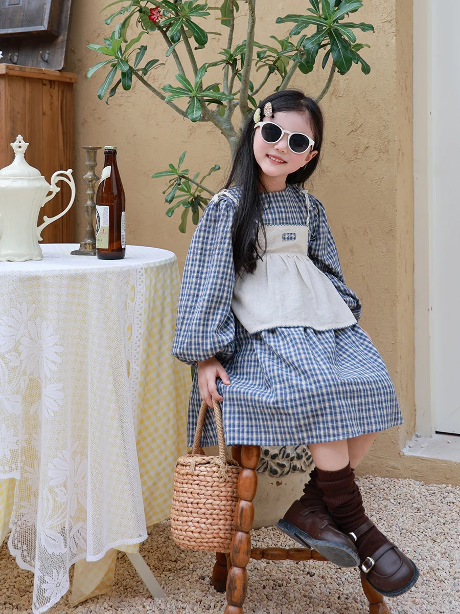 Family Matching Clothes Spring Autumn Plaid Dress Mother Daughter Sweet Vest + Dress 2PCS/SET Kids Girl Dress Set