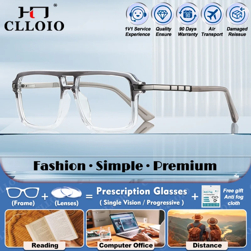

CLLOIO Men Pilot Square Anti Blue Light Prescription Glasses Fashion Optical Myopia Photochromic Progressive Reading Eyeglasses