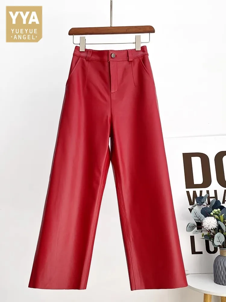 Women Genuine Leather Pants Solid Color High Waist Wide Leg Ankle Length Pants Casual Female Sheepskin Straight Trousers M- 4XL