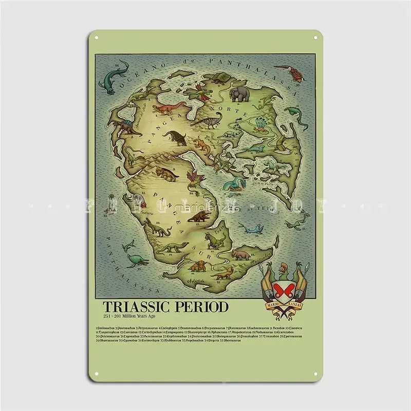 Triassic Period Map Vintage Syle Medieval Bestiary Pangea Map Poster Metal Plaque Bar Cave Mural Painting Tin Sign Poster