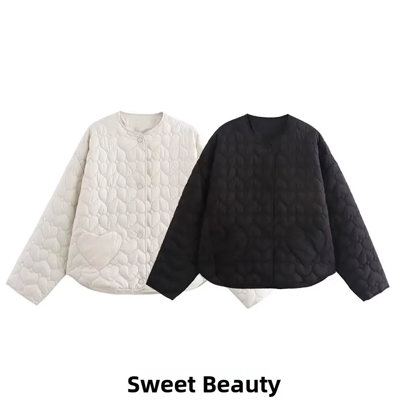 

Casual Lightweight Long Sve round Ne Heart Pattern Cotton Jaet ort Outerwear for Women New Autumn Winter Product 304...
