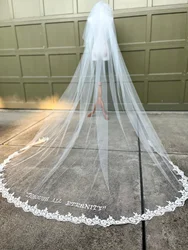 Hailey Bieber Embroidered Phrase Wedding Veil Custom Lace Bridal Veil with Words Cathedral Veil Dramatic with Name Love Quote